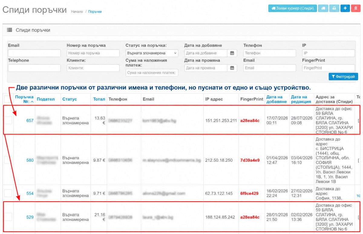 върнати поръчки в opencart